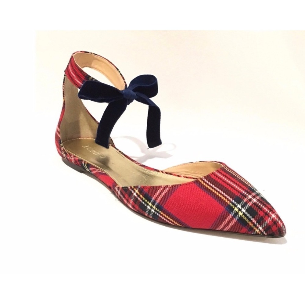 J.Crew Tartan Red Plaid Stewart Pointed Toe Ankle Wrap Flats H1841 10